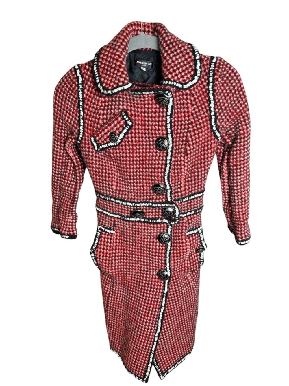 Vintage Andrew GN Paris Red Black Tweed Wool Couture Pea Coat Size M Fits XXS/XS